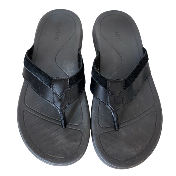 Vionic Men's Dennis Black Leather Flip Flops Sz 7